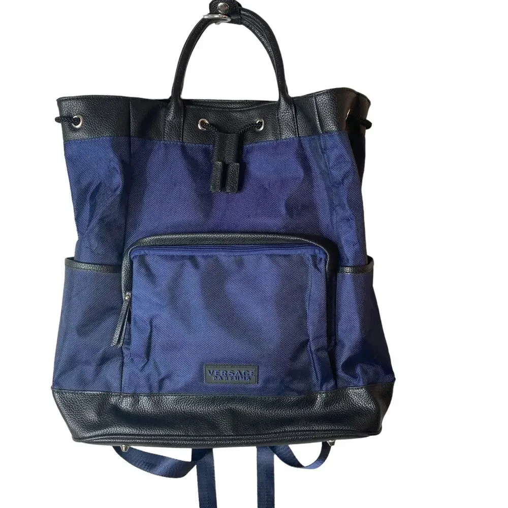 Versace Parfums Mens Back Pack Blue Nylon Leather New COA